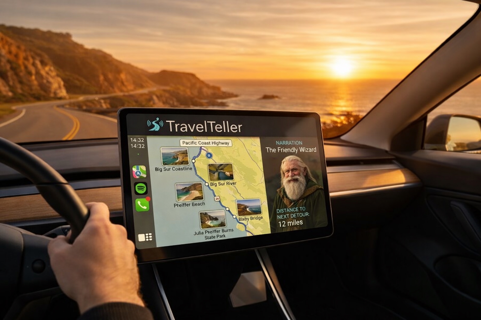 Travel Mate running on a car CarPlay screen navigating the Pacific Coast Highway
