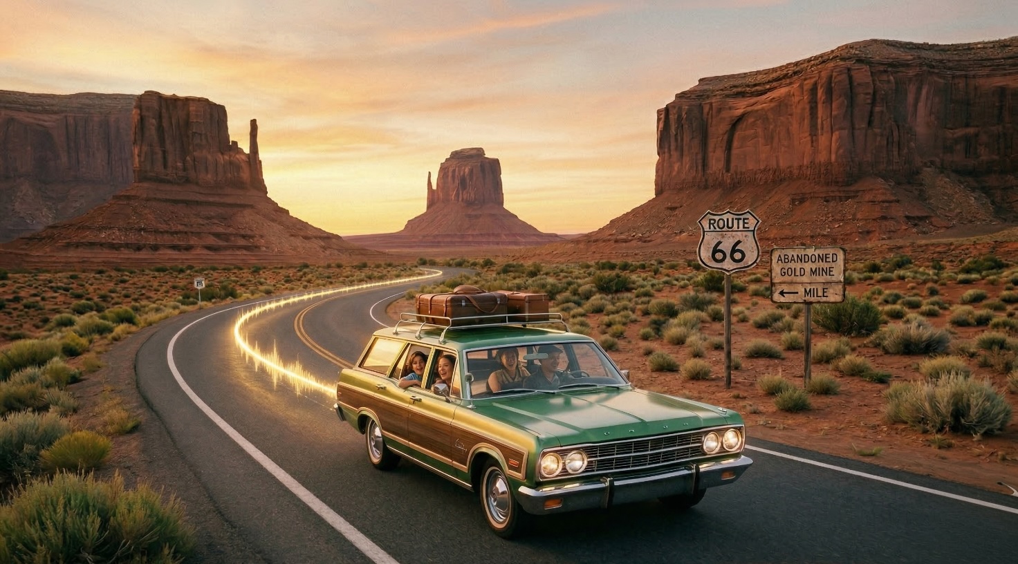 A vintage station wagon driving Route 66 at sunset through Monument Valley